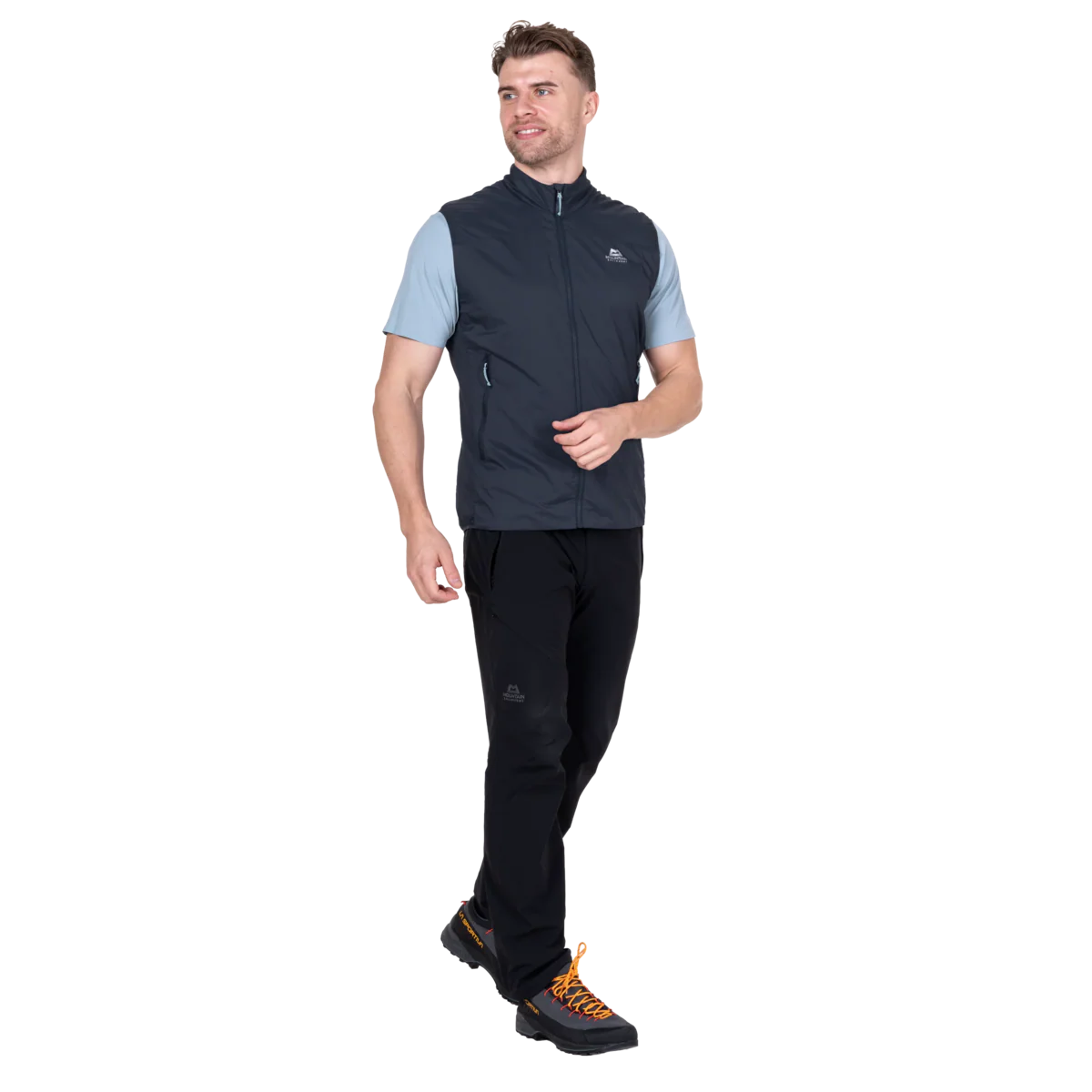 YKK moulded centre front zip detail on Mountain Equipment Aerotherm Men's Vest in Blue Nights