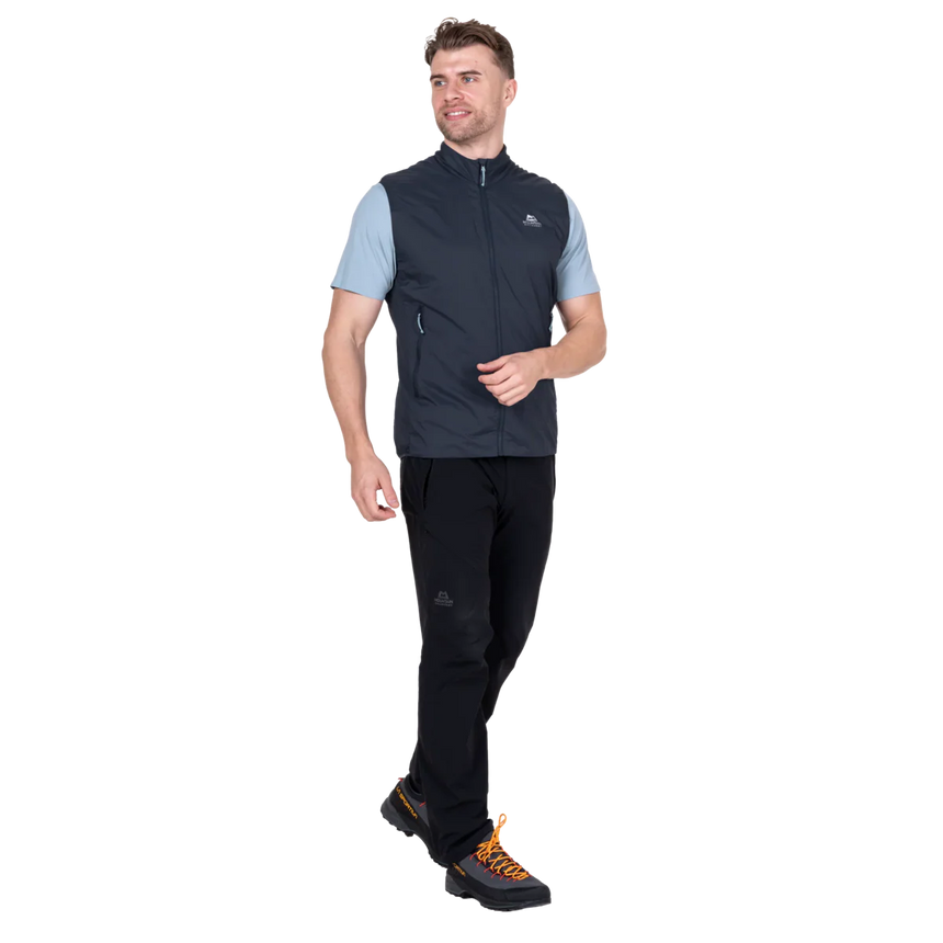 YKK moulded centre front zip detail on Mountain Equipment Aerotherm Men's Vest in Blue Nights