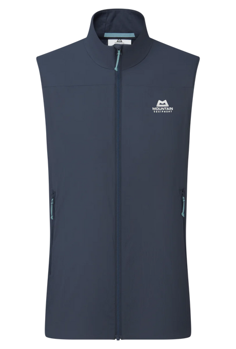 Mountain Equipment Aerotherm Men's Vest in Blue Nights - front view showing EXOLITE 45 softshell fabric and active fit