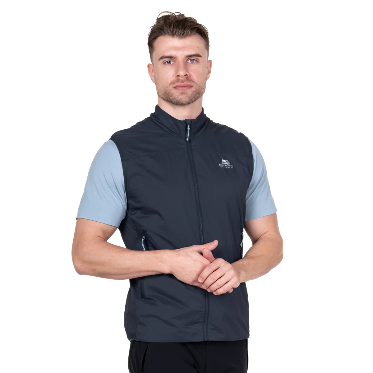 Zipped hand pocket detail on Mountain Equipment Aerotherm Men's Vest in Blue Nights