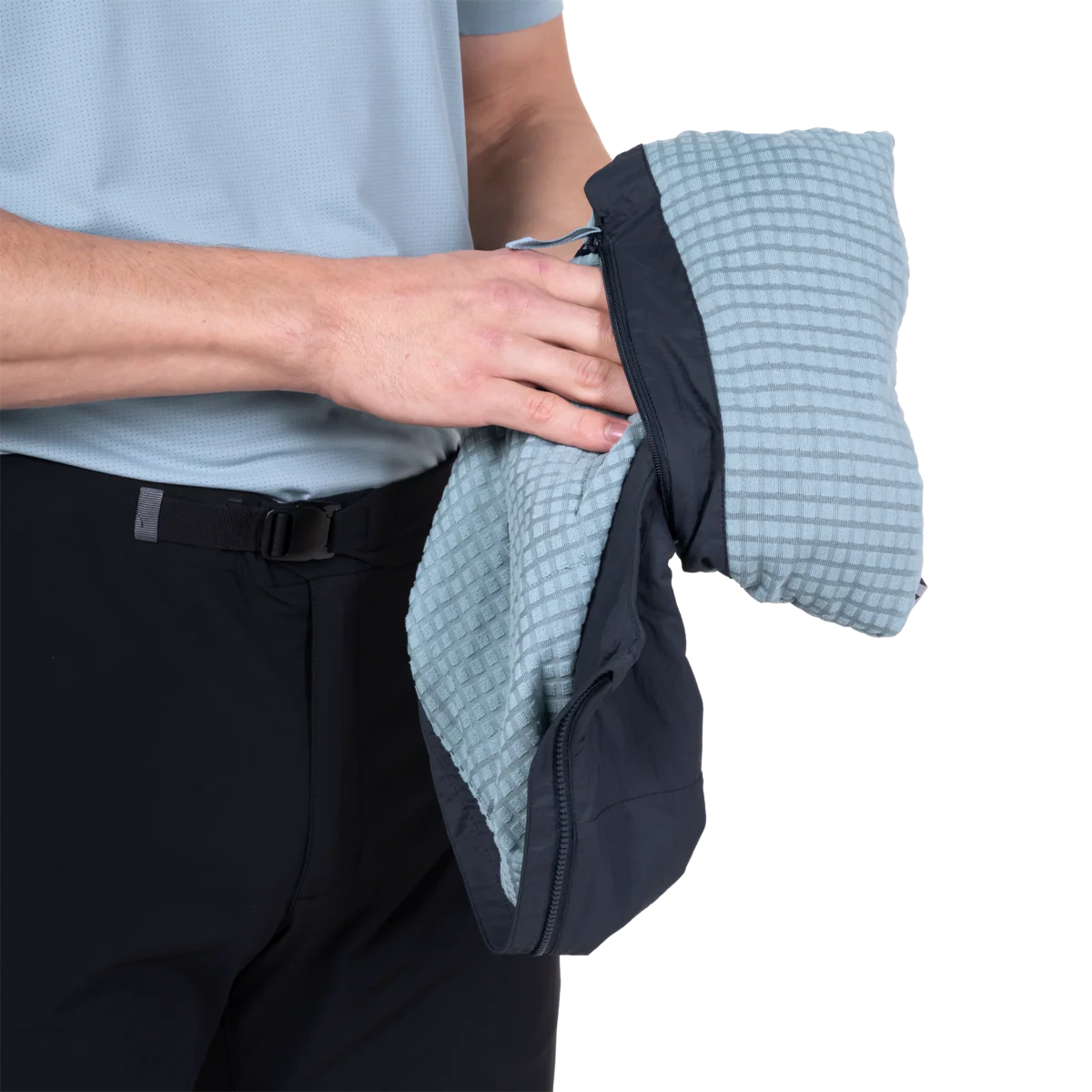 Micro-grid wicking lining detail on Mountain Equipment Aerotherm Men's Vest in Blue Nights