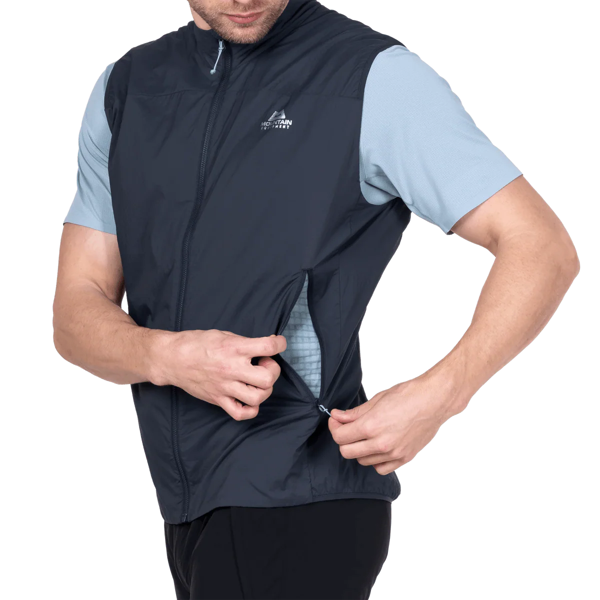 Mountain Equipment Aerotherm Men's Vest in Blue Nights - packed into hand pocket showing twin karabiner carry loops