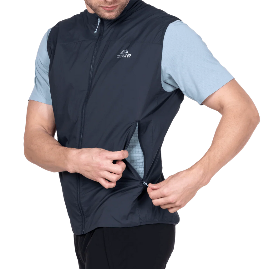 Mountain Equipment Aerotherm Men's Vest in Blue Nights - packed into hand pocket showing twin karabiner carry loops