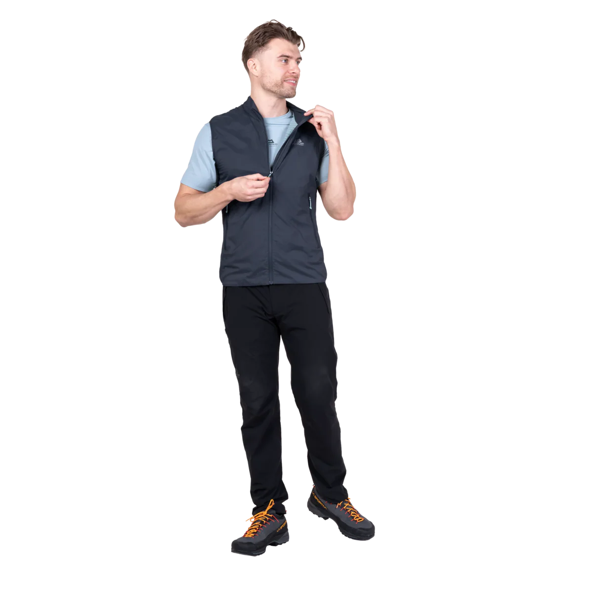 Mountain Equipment Aerotherm Men's Vest in Blue Nights - side view showing active fit and semi-elasticated armhole