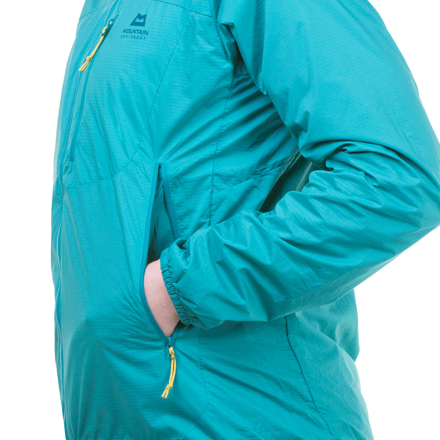 Zipped hand pocket detail on Mountain Equipment Aerotherm Women's Jacket in Jade