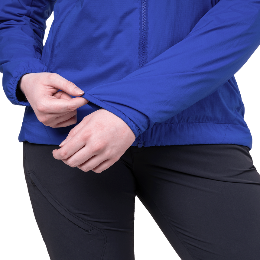 Mountain Equipment Aerotherm Women's Jacket in Vivid Blue - back view showing articulated pre-shaped sleeves