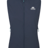 Mountain Equipment Aerotherm Women's Vest in Blue Nights - front view showing EXOLITE 45 softshell fabric and active fit