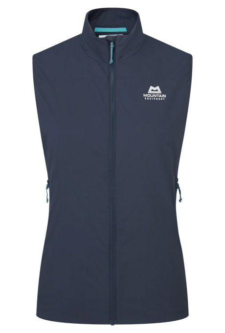 Mountain Equipment Aerotherm Women's Vest in Blue Nights - front view showing EXOLITE 45 softshell fabric and active fit
