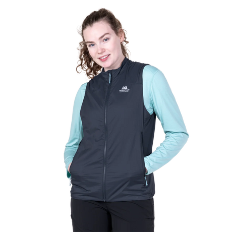 Zipped hand pocket detail on Mountain Equipment Aerotherm Women's Vest in Blue Nights
