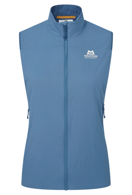 Mountain Equipment Aerotherm Women's Vest in Stellar Blue - front view showing EXOLITE 45 softshell fabric and active fit