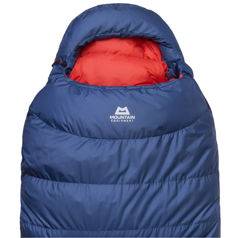 Mountain Equipment Classic Eco 300 Sleeping Bag in Dusk - side view showing full-length Gemini zip baffle and slanted box-wall baffle construction