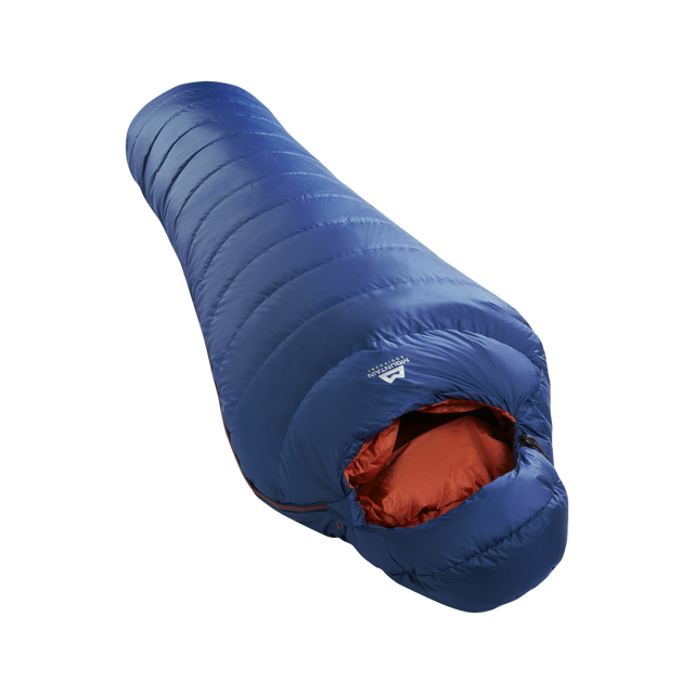 Mountain Equipment Classic Eco 300 Sleeping Bag in Dusk - top view showing 5-baffle anatomically shaped hood and Lode Lock magnetic closure