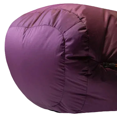 Mountain Equipment Classic Eco 300 Women's Sleeping Bag in Raisin - lifestyle view showing lightweight recycled down sleeping bag for trekking and alpine climbing