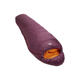 Mountain Equipment Classic Eco 300 Women's Sleeping Bag in Raisin - top view showing 5-baffle anatomically shaped hood and Lode Lock magnetic closure
