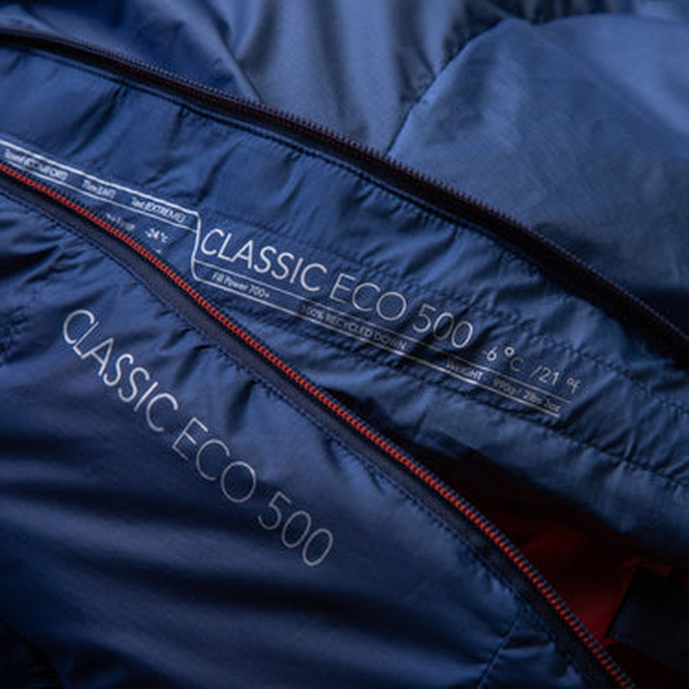 Mountain Equipment Classic Eco 500 Sleeping Bag in Dusk - lifestyle view showing versatile recycled down sleeping bag for trekking and mountaineering