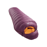 Mountain Equipment Classic Eco 500 Women's Sleeping Bag in Raisin - full length view showing spacious Mountain Fit and slanted box-wall baffle construction