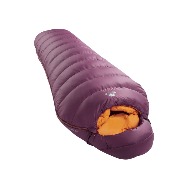 Mountain Equipment Classic Eco 500 Women's Sleeping Bag in Raisin - full length view showing spacious Mountain Fit and slanted box-wall baffle construction