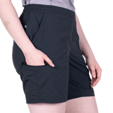 Close-up of stretch waistband with drawcord on Mountain Equipment Dynamo Women's Short in Blue Nights