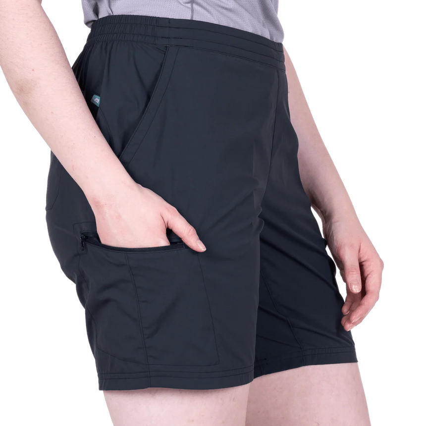 Close-up of stretch waistband with drawcord on Mountain Equipment Dynamo Women's Short in Blue Nights