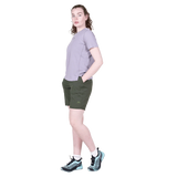 Mountain Equipment Dynamo Women's Short in Buckthorn - left side view showing zipped thigh pocket