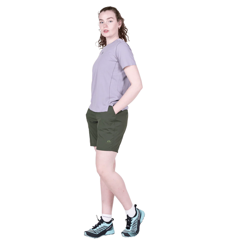 Mountain Equipment Dynamo Women's Short in Buckthorn - left side view showing zipped thigh pocket
