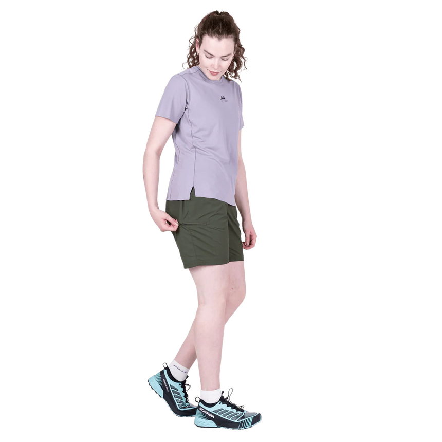 Close-up of stretch waistband with drawcord on Mountain Equipment Dynamo Women's Short in Buckthorn