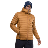 Mountain Equipment Earthrise Hooded Men's Jacket in Walnut - back view showing fit and recycled down insulation