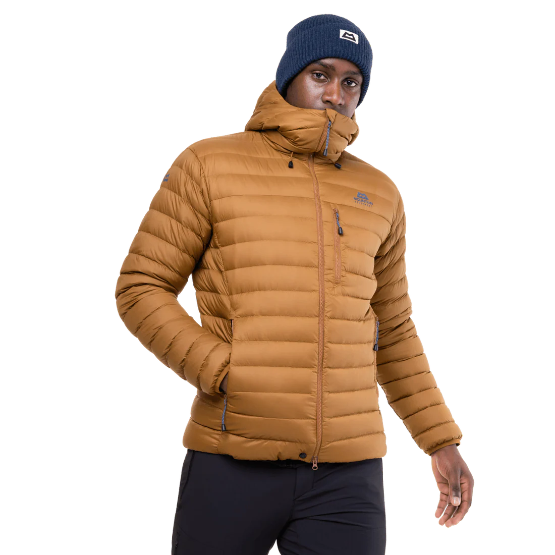 Mountain Equipment Earthrise Hooded Men's Jacket in Walnut - back view showing fit and recycled down insulation