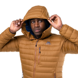Two-way YKK moulded centre front zip detail on Mountain Equipment Earthrise Hooded Men's Jacket in Walnut