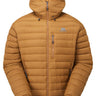 Mountain Equipment Earthrise Hooded Men's Jacket in Walnut - front view showing 100% recycled down insulation and stitch-through baffle construction