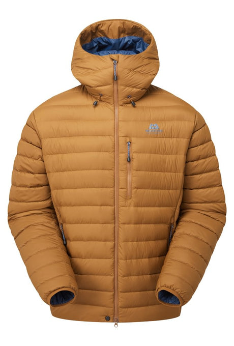 Mountain Equipment Earthrise Hooded Men's Jacket in Walnut - front view showing 100% recycled down insulation and stitch-through baffle construction