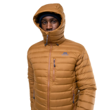 Mountain Equipment Earthrise Hooded Men's Jacket in Walnut packed into hand pocket showing twin karabiner carry loops