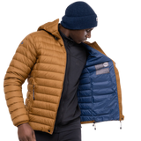 Mountain Equipment Earthrise Hooded Men's Jacket in Walnut - hood up showing insulated hood construction