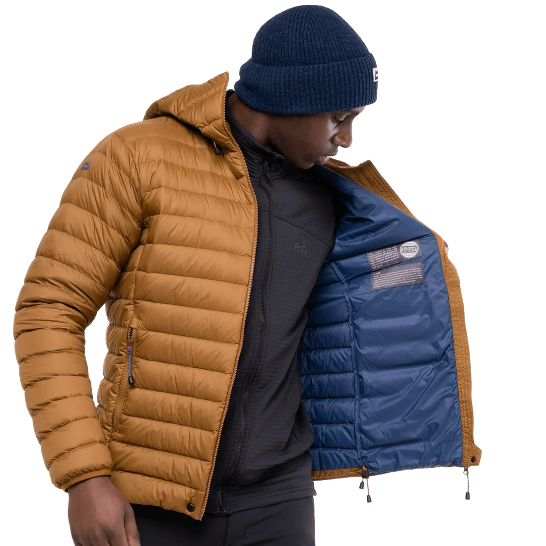 Mountain Equipment Earthrise Hooded Men's Jacket in Walnut - hood up showing insulated hood construction