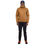 Mountain Equipment Earthrise Hooded Men's Jacket in Walnut - lifestyle view showing lightweight recycled down insulation for ski touring and alpine climbing