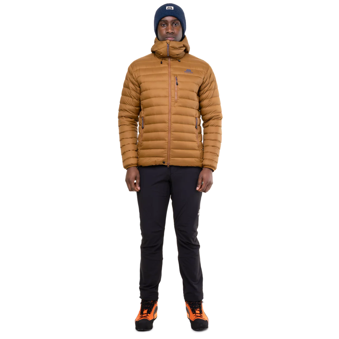 Mountain Equipment Earthrise Hooded Men's Jacket in Walnut - lifestyle view showing lightweight recycled down insulation for ski touring and alpine climbing