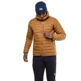Mountain Equipment Earthrise Hooded Men's Jacket in Walnut - side view showing fit and dual tether hem drawcords