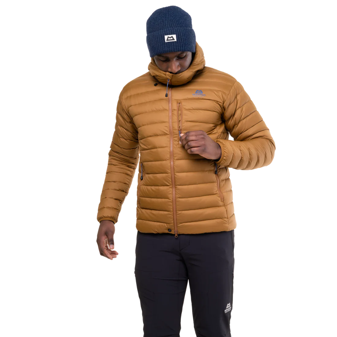 Mountain Equipment Earthrise Hooded Men's Jacket in Walnut - side view showing fit and dual tether hem drawcords