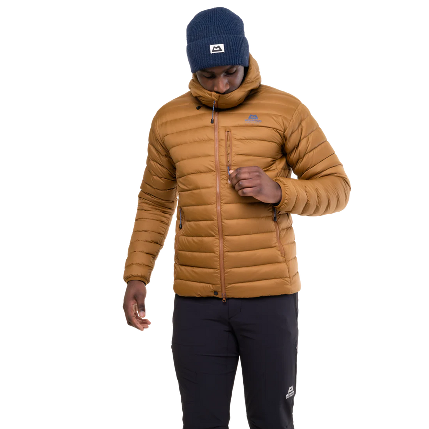 Mountain Equipment Earthrise Hooded Men's Jacket in Walnut - side view showing fit and dual tether hem drawcords