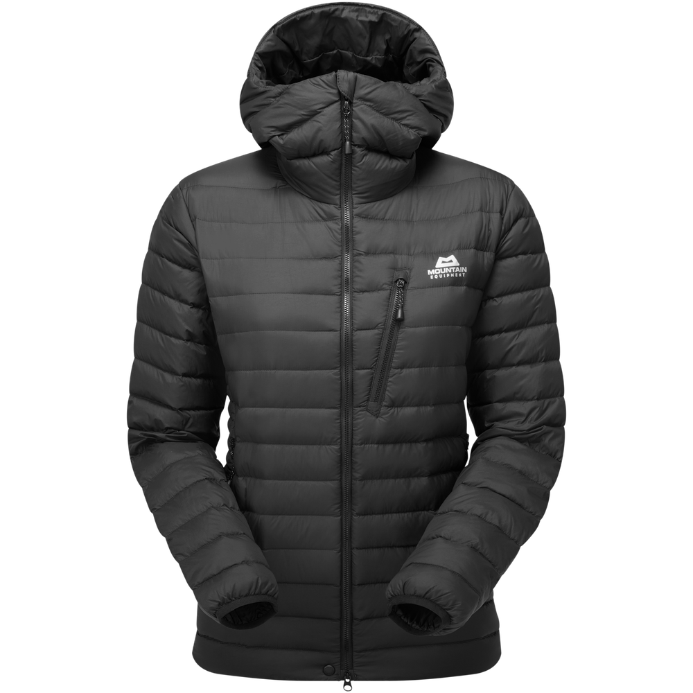 Mountain Equipment Earthrise Hooded Women's Jacket in Black - front view showing 100% recycled down insulation and stitch-through baffle construction