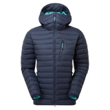Mountain Equipment Earthrise Hooded Women's Jacket in Cosmos - front view showing 100% recycled down insulation and stitch-through baffle construction