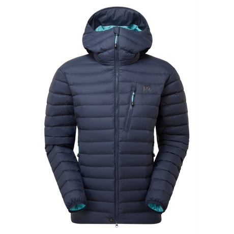 Mountain Equipment Earthrise Hooded Women's Jacket in Cosmos - front view showing 100% recycled down insulation and stitch-through baffle construction