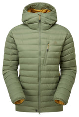 Mountain Equipment Earthrise Hooded Women's Jacket in Four Leaf Clover - front view showing 100% recycled down insulation and stitch-through baffle construction
