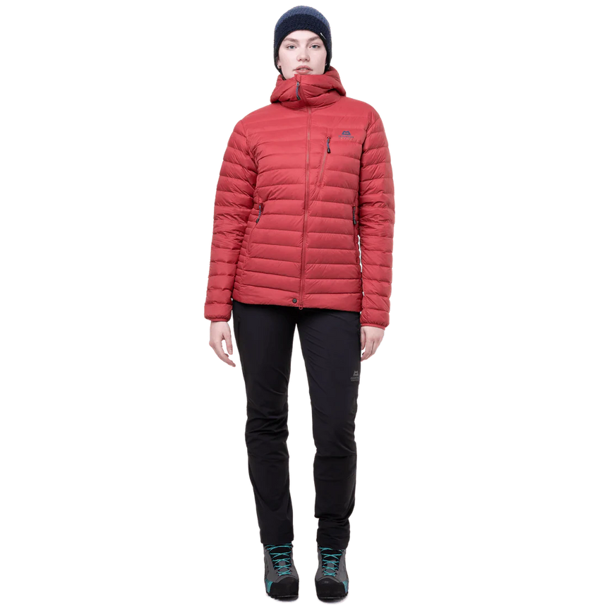 Mountain Equipment Earthrise Hooded Women's Jacket in Rosewood - back view showing fit and recycled down insulation