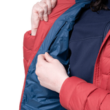Zipped chest pocket detail on Mountain Equipment Earthrise Hooded Women's Jacket in Rosewood