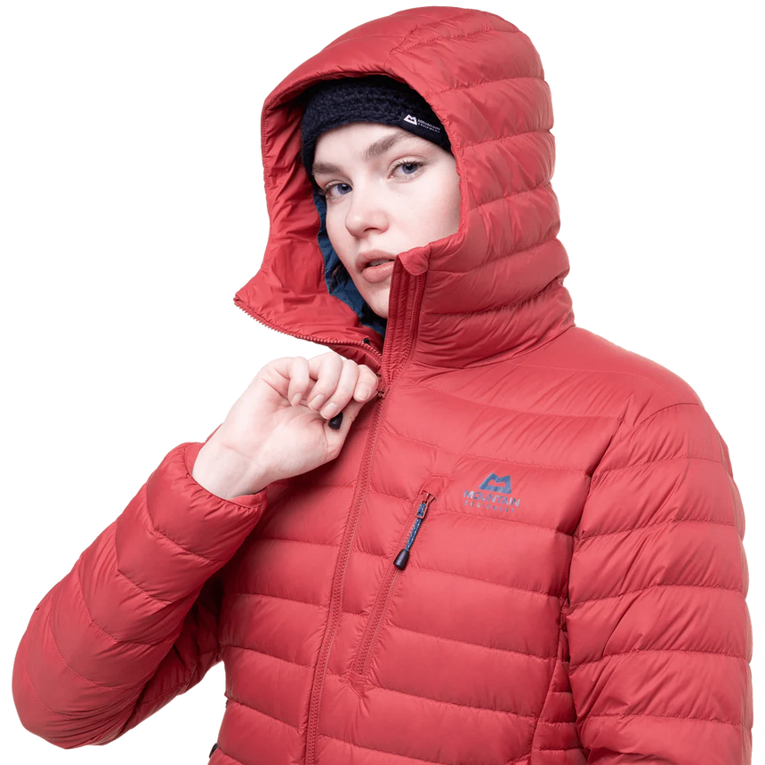 100% recycled Earthrise 20 denier outer fabric detail on Mountain Equipment Earthrise Hooded Women's Jacket in Rosewood