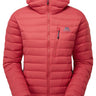 Mountain Equipment Earthrise Hooded Women's Jacket in Rosewood - front view showing 100% recycled down insulation and stitch-through baffle construction