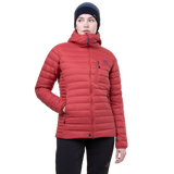 Zipped hand warmer pocket detail on Mountain Equipment Earthrise Hooded Women's Jacket in Rosewood