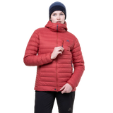 Mountain Equipment Earthrise Hooded Women's Jacket in Rosewood packed into hand pocket showing twin karabiner carry loops