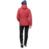 Mountain Equipment Earthrise Hooded Women's Jacket in Rosewood - hood up showing Mountain HC Insulated Hood helmet-compatible construction